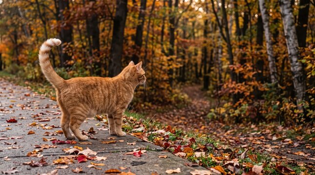 Ginger tabby cat walking along leaf covered path in autumn forest; curious domestic feline exploring trail among fallen leaves during cool seasonal afternoon