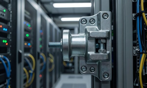 Close-up detail of a robust, metallic hinge on a secure server rack door in a professional data center. 16:9