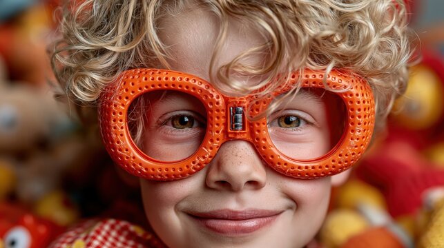 Cute boy wearing funny orange glasses smiling cheerful child portrait