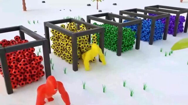 3D Animation Gorilla Walking Through Cage of Yellow Soccer Balls and Changing Color to Yellow 4K