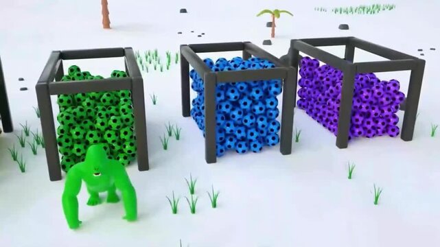3D Animation Gorilla Walking Through Cage of Blue Soccer Balls and Changing Color to Blue 4K