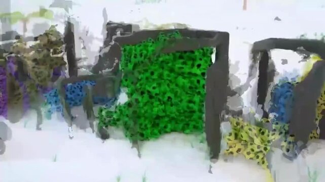 3D Animation Gorilla Walking Through Cage of Green Soccer Balls and Changing Color to Green 4K