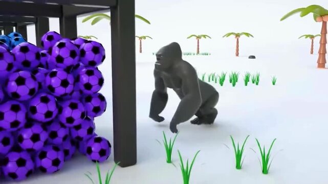 3D Animation Gorilla Walking Through Cage of Purple Soccer Balls and Changing Color to Purple 4K