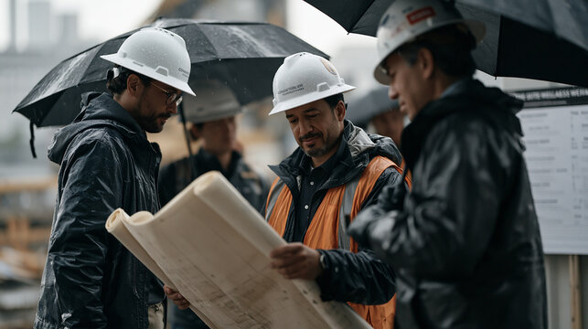 Architecture firm colleagues huddle beneath umbrellas on a rain soaked construction site reviewing rolled blueprints, group dynamic showing focused collaboration, rest