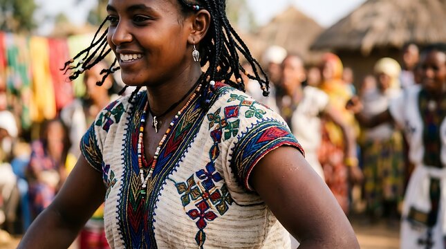 Young woman in traditional embroidered dress dancing at a festival