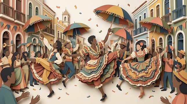 Colorful street carnival dancers celebrating with umbrellas