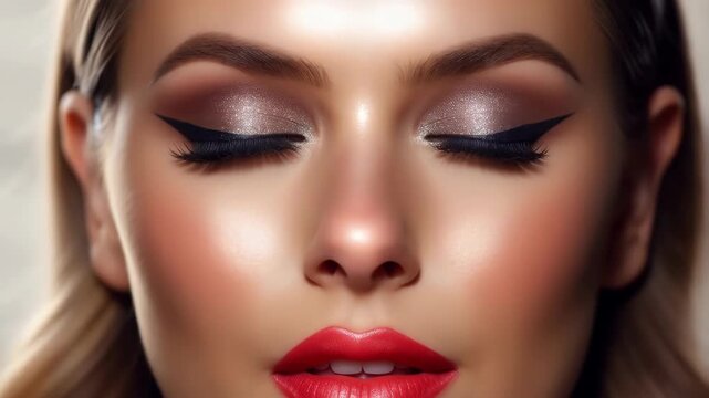 Cinematic macro video of a woman with closed eyes showcasing glamorous makeup as her shimmering golden eyeshadow sparkles under dynamic lighting, capturing an elegant luxury beauty asset.