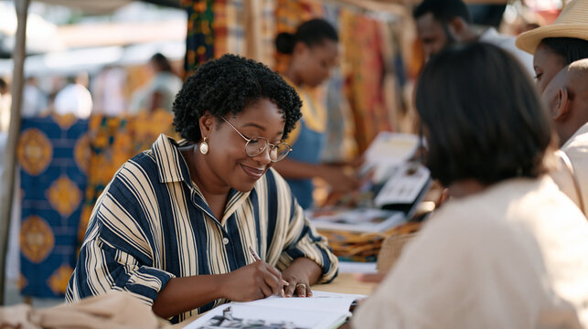 Personal stylist consults with clients at a vivid outdoor market surrounded by kente-inspired fabric stalls, a diverse team of assistants organizing lookbooks and fabric samples,