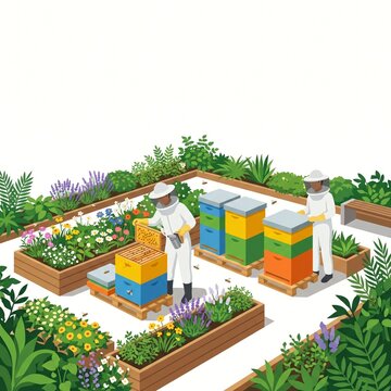 Urban beekeeping on a skyscraper rooftop garden with beekeepers in flat design style