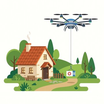 Delivery drone dropping medical supplies at a rural house, flat design illustration.
