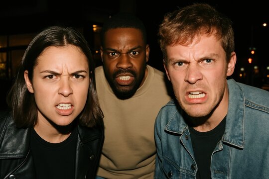 Three angry people scowling