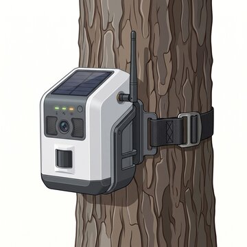 Smart forest fire detection sensor device attached to a tree, flat design monitoring tech.