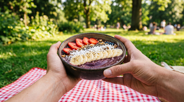 Hands holding a healthy acai bowl with fruit in a sunny park.
