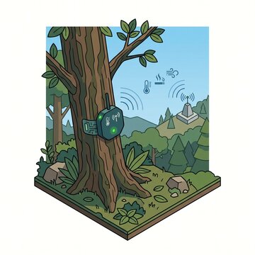 Flat design smart biosensor on tree trunk for wildfire early detection and forest monitoring system
