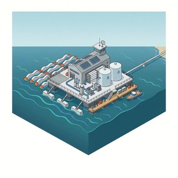 Isometric wave-powered desalination plant platform for sustainable ocean water treatment.