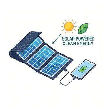 Foldable solar panel charging a smartphone, flat design clean energy concept.