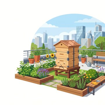 Urban rooftop beehive in a modern city garden flat design illustration