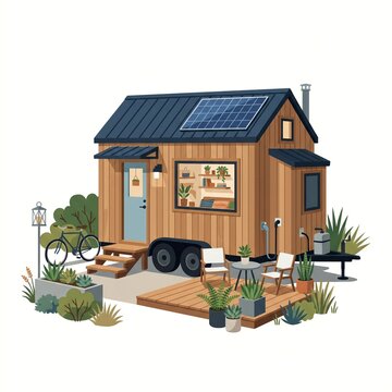 Tiny home on wheels with solar panels and patio in a modern flat design sustainable setup