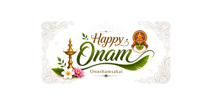 Happy Onam Festive Background Design with Malayalam Cultural Symbols and Floral Art.