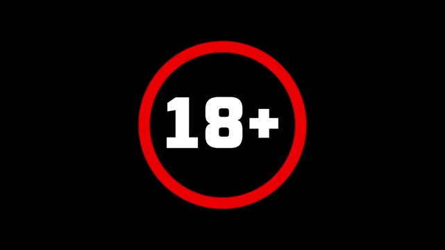 Red 18 Plus Age Restriction Warning Sign with Stop Symbol Animation on black background. Red Prohibition Sign with 18+ Plus Text animation. age restriction and eighteen plus animation.