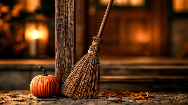 Witch Broom Wooden Door Pumpkin Autumn 4K