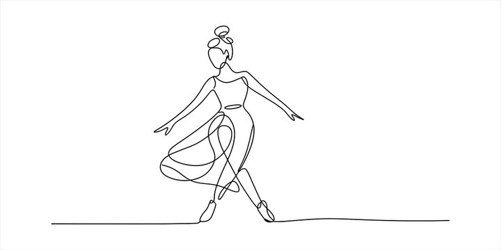 Continuous single line drawing of a beautiful woman dancing in a flowing dress showing elegance and movement in a minimalist artistic abstract style