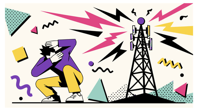 Person Hiding From 5G Tower Signals and Electromagnetic Radiation, Technology Anxiety, Digital Pollution Concept Illustration