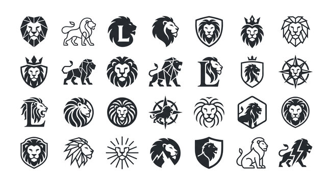 Minimalist lion logo collection, black animal head icons on white background, 28 professional heraldic lion symbols for branding
