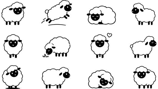 A collection of cute hand drawn sheep characters showing various emotions and playful activities.
