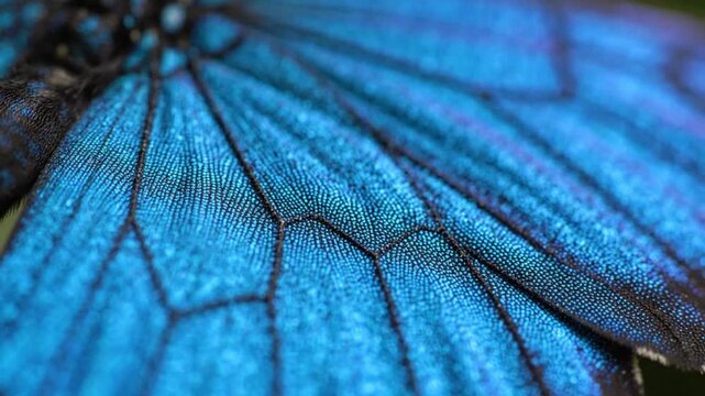 Butterfly wing reveals iridescent blue scales and dark veins in extreme close-up.