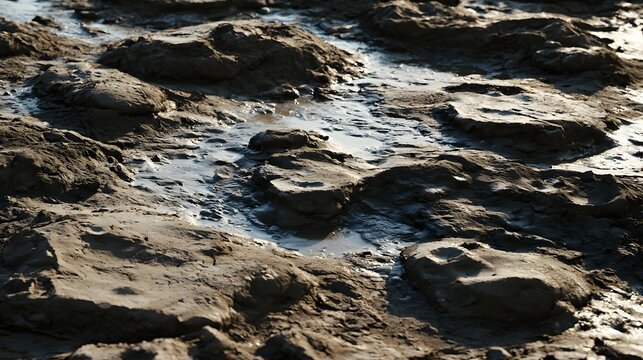 Close up of textured mud terrain with shallow water pools reflecting soft ambient light across uneven organic surfaces