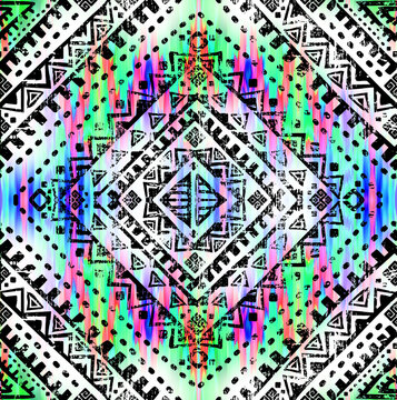 Seamless tribal ethnic pattern with vibrant colorful ikat background, Aztec geometric ornament for bohemian fashion and textile design
