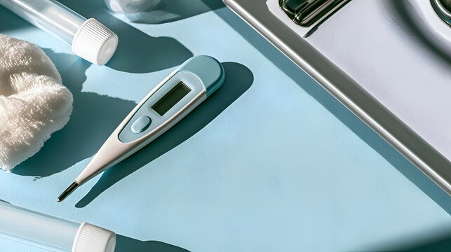 Digital Thermometer and Medical Supplies on a Light Blue Surface