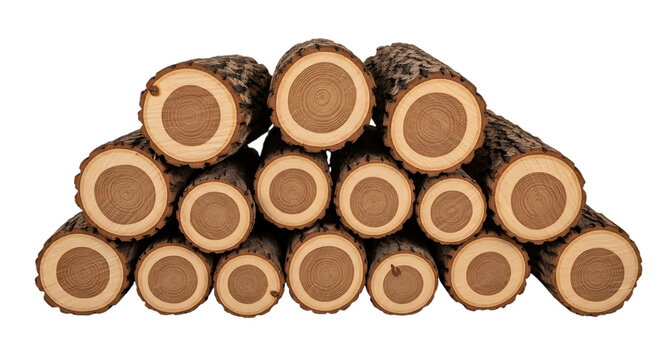 A stack of freshly cut tree logs with visible growth rings is presented on transparent background wood timber trees