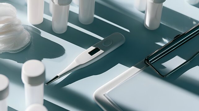 Digital Medical Thermometer and Laboratory Equipment on a Tray