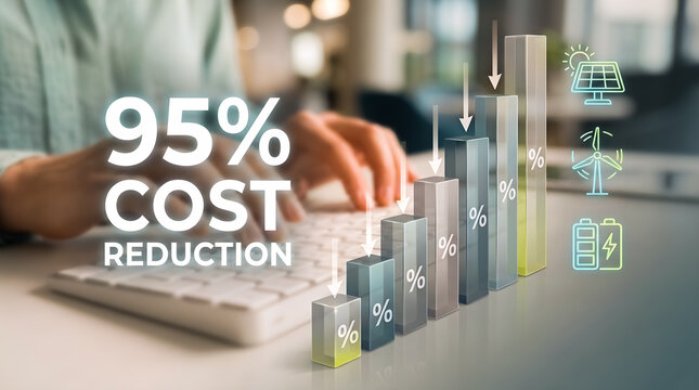 Business Cost Reduction Concept With 95% Savings Graph Renewable Energy Icons And Hands Typing