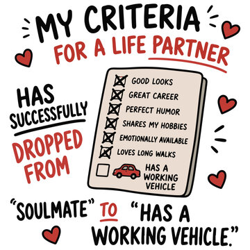 Criteria for life partner evolution, humorously depicting the shift from idealized expectations to practical needs.