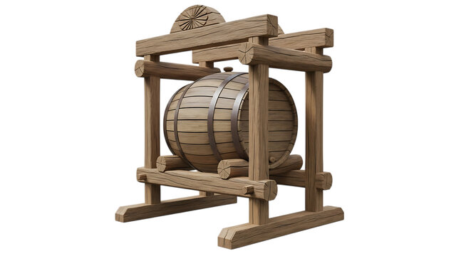 Wooden barrel with supporting frame detailed 3d rendering on transparent background wood container vessel cask tub storage support structure