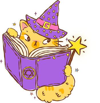 Bookish Halloween Witch Cat Reading Spell Book with Wand Hand Drawn Illustration