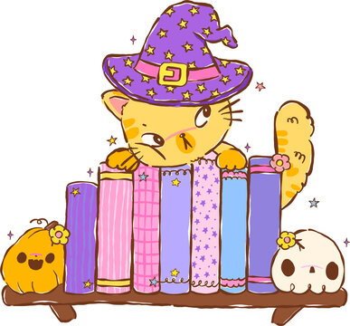 Bookish Halloween Witch Cat on Bookshelf Hand Drawn Illustration