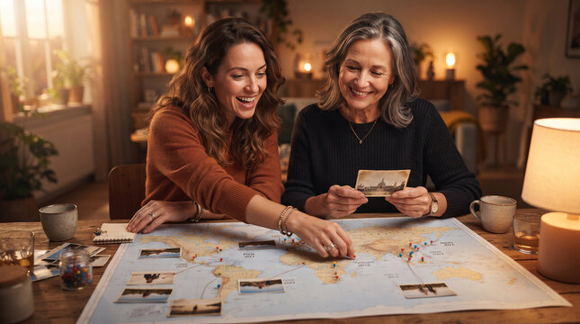 Mother and Adult Daughter Creating a Travel Memory Map Together