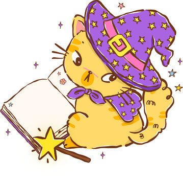 Deadpan Halloween Witch Cat Reading Magic Book with Wand Hand Drawn Illustration