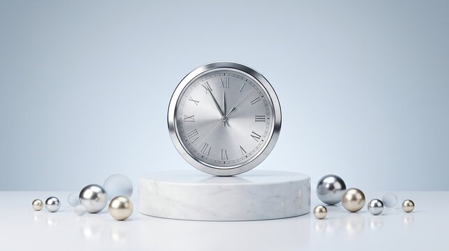Elegant silver clock on a pedestal with metallic spheres