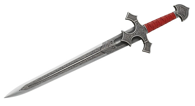 A detailed medieval longsword with ornate silver hilt and red wrapped grip on transparent background sword weapon blade steel