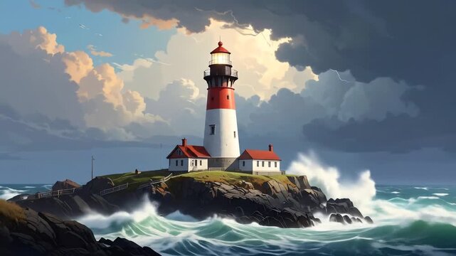 A tall lighthouse stands on a rocky island during a storm