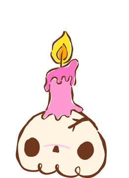 Kawaii Cute Skull With Pink Candle Hand Drawn Illustration
