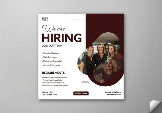 Editable We Are Hiring Social Media Post Template with Job Requirements and Professional Team Photo.