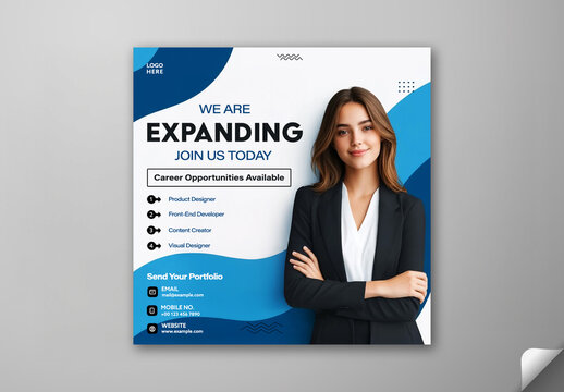 Editable We Are Hiring Social Media Post Template Featuring Career Opportunities, Job Positions and a Professional Woman Photo.
