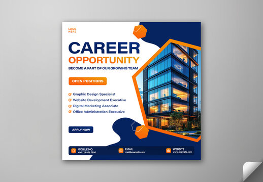 Editable We&rsquo;re Hiring Social Media Post Template with Career Opportunities, Open Job Positions and Office Building Photo.