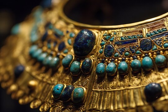 Close-up of an ornate ancient Egyptian pectoral with gold, lapis lazuli, and turquoise details, showcasing intricate craftsmanship.